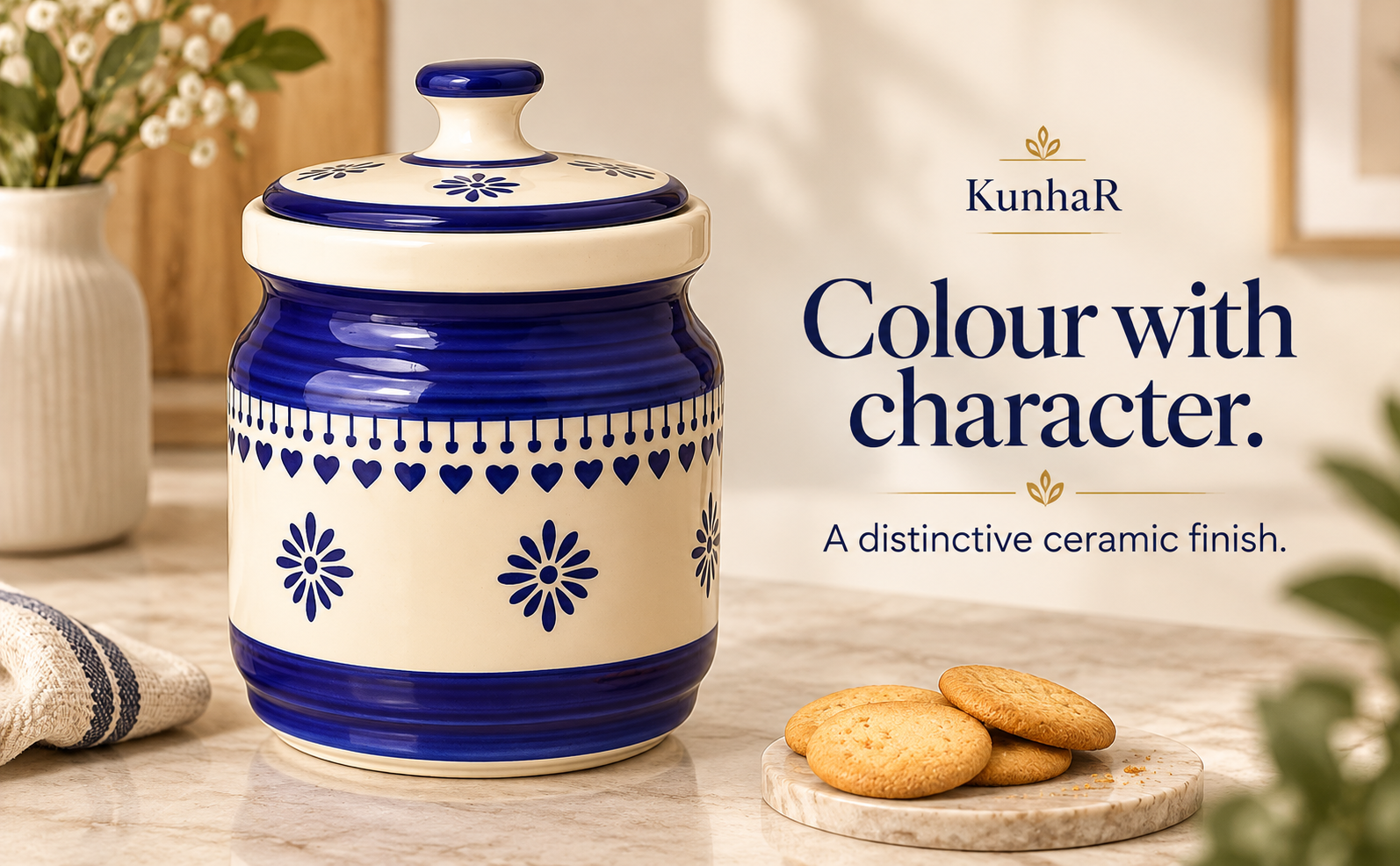 Kunhar Ceramic Jars (1000 ML) – Handcrafted Multipurpose Barni with Lid for Pickle, Chutney, Spices, Salt, Sugar – Kitchen Storage Containers, Blue Cream — finish