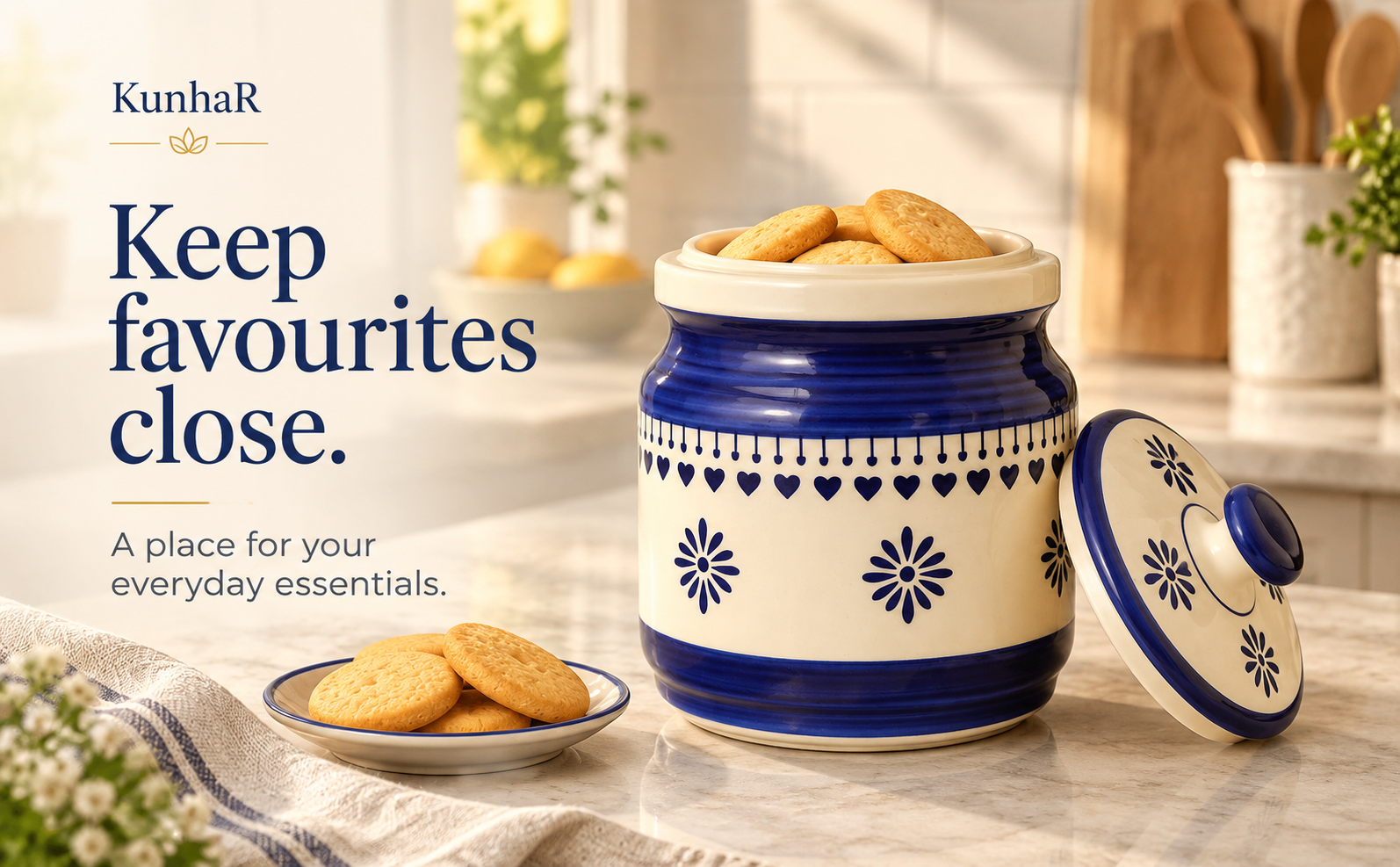Kunhar Ceramic Jars (1000 ML) – Handcrafted Multipurpose Barni with Lid for Pickle, Chutney, Spices, Salt, Sugar – Kitchen Storage Containers, Blue Cream — store
