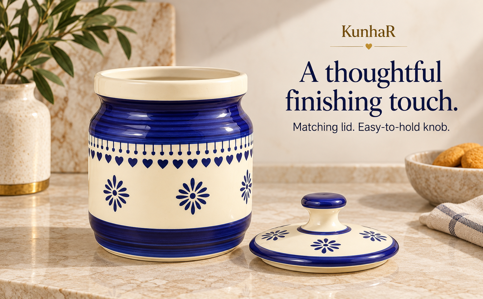 Kunhar Ceramic Jars (1000 ML) – Handcrafted Multipurpose Barni with Lid for Pickle, Chutney, Spices, Salt, Sugar – Kitchen Storage Containers, Blue Cream — form