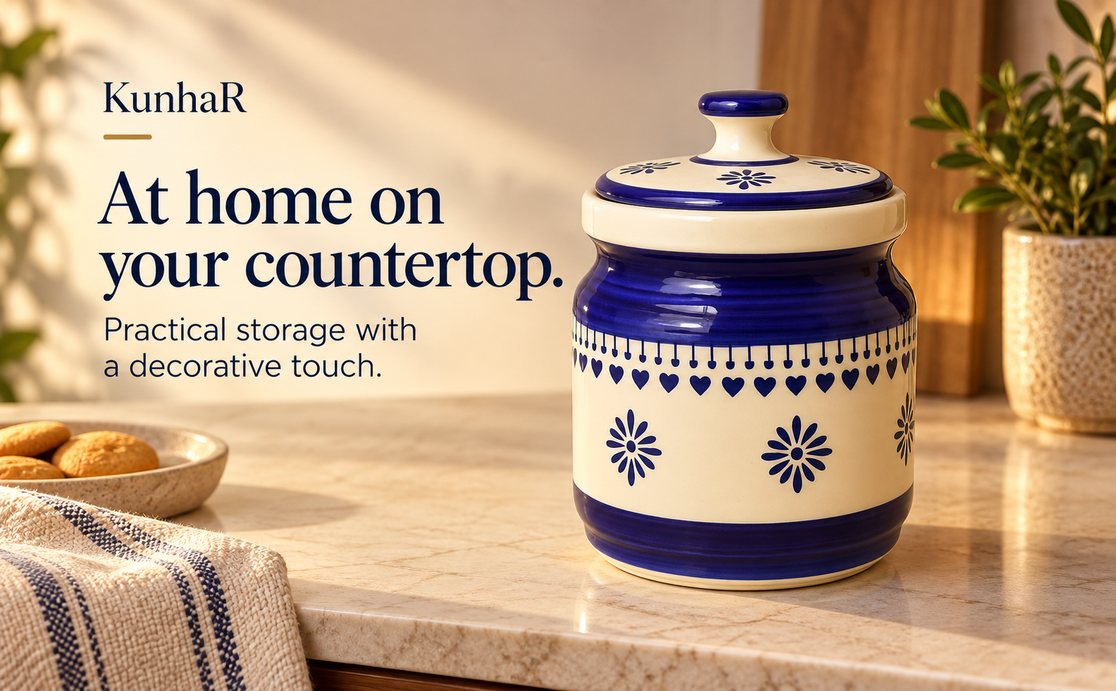 Kunhar Ceramic Jars (1000 ML) – Handcrafted Multipurpose Barni with Lid for Pickle, Chutney, Spices, Salt, Sugar – Kitchen Storage Containers, Blue Cream — home