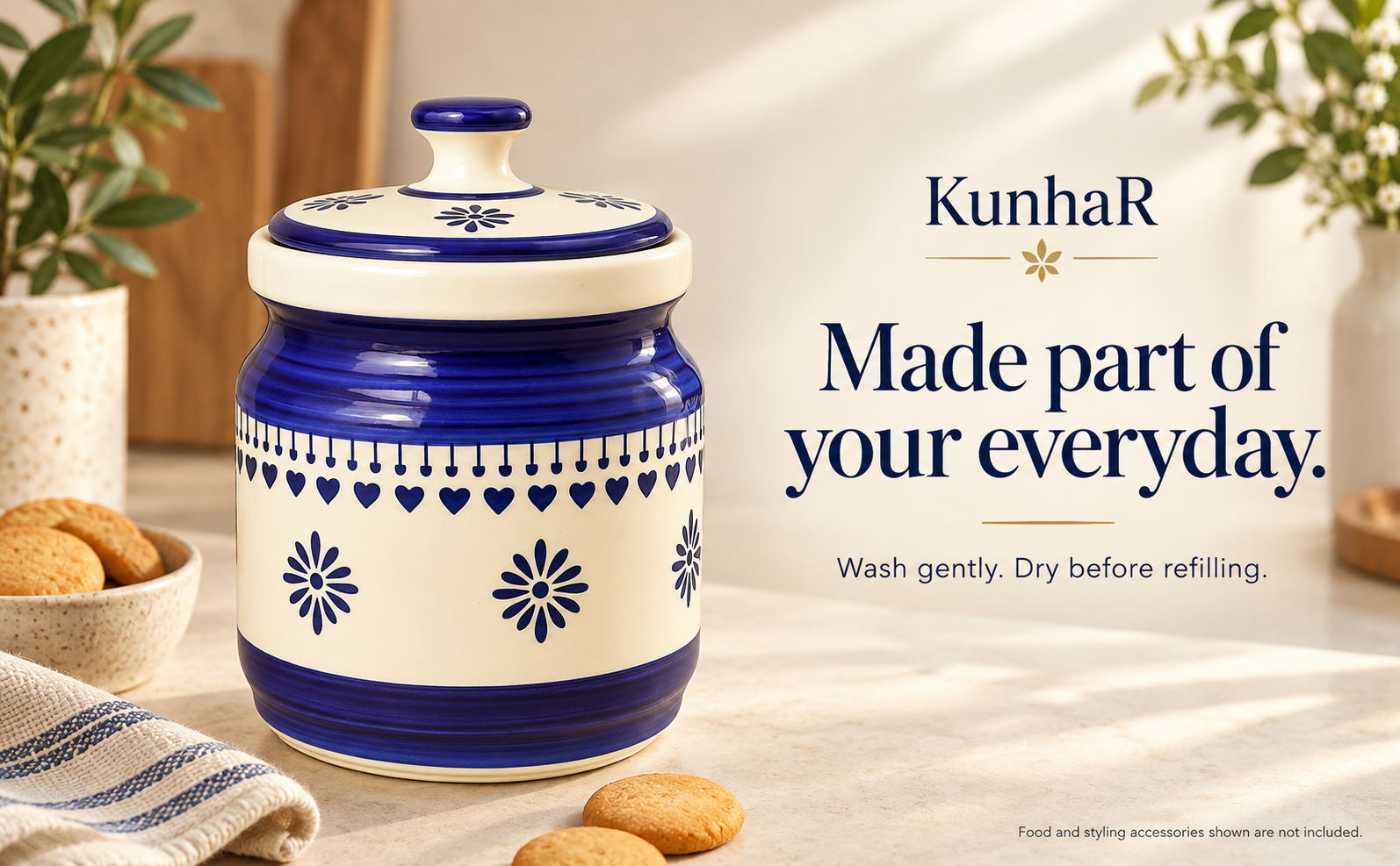 Kunhar Ceramic Jars (1000 ML) – Handcrafted Multipurpose Barni with Lid for Pickle, Chutney, Spices, Salt, Sugar – Kitchen Storage Containers, Blue Cream — care