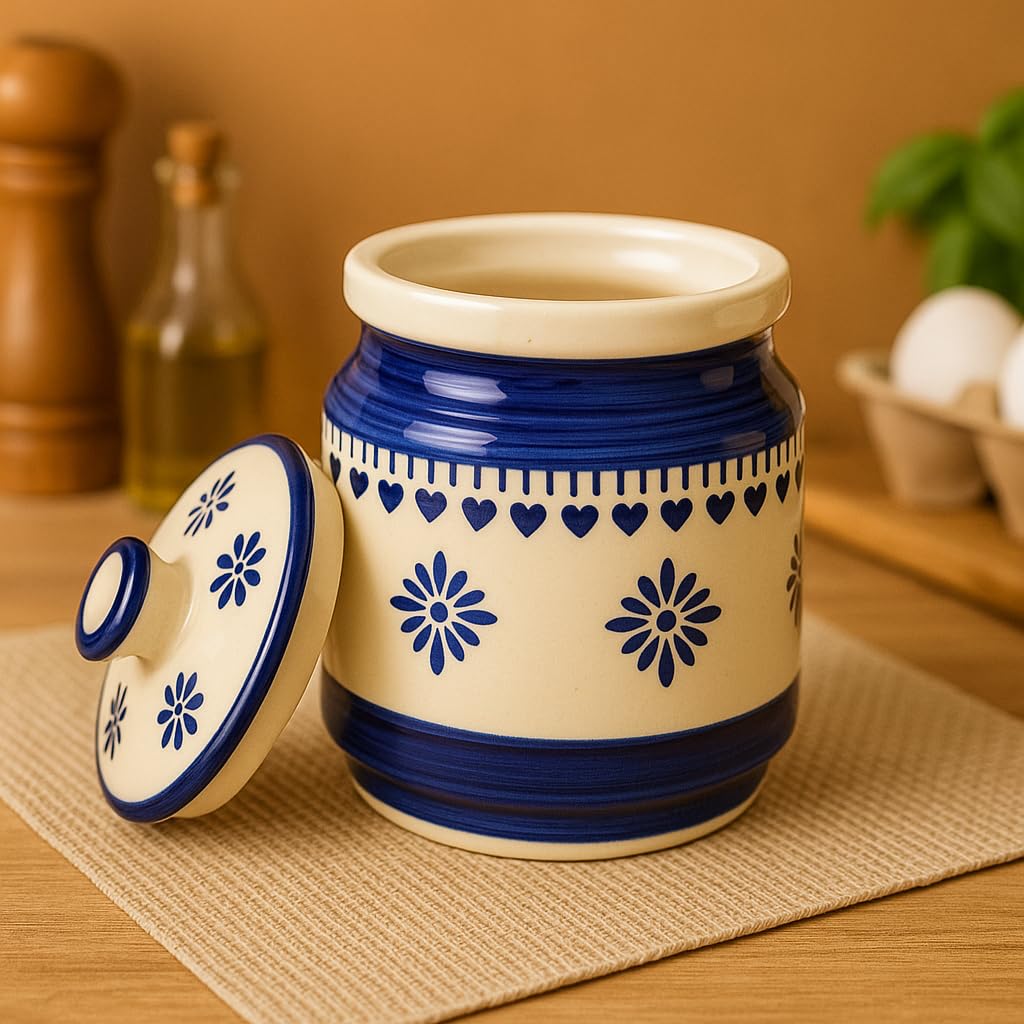 Kunhar Ceramic Jars (1000 ML) – Handcrafted Multipurpose Barni with Lid for Pickle, Chutney, Spices, Salt, Sugar – Kitchen Storage Containers, Blue Cream - Image 2