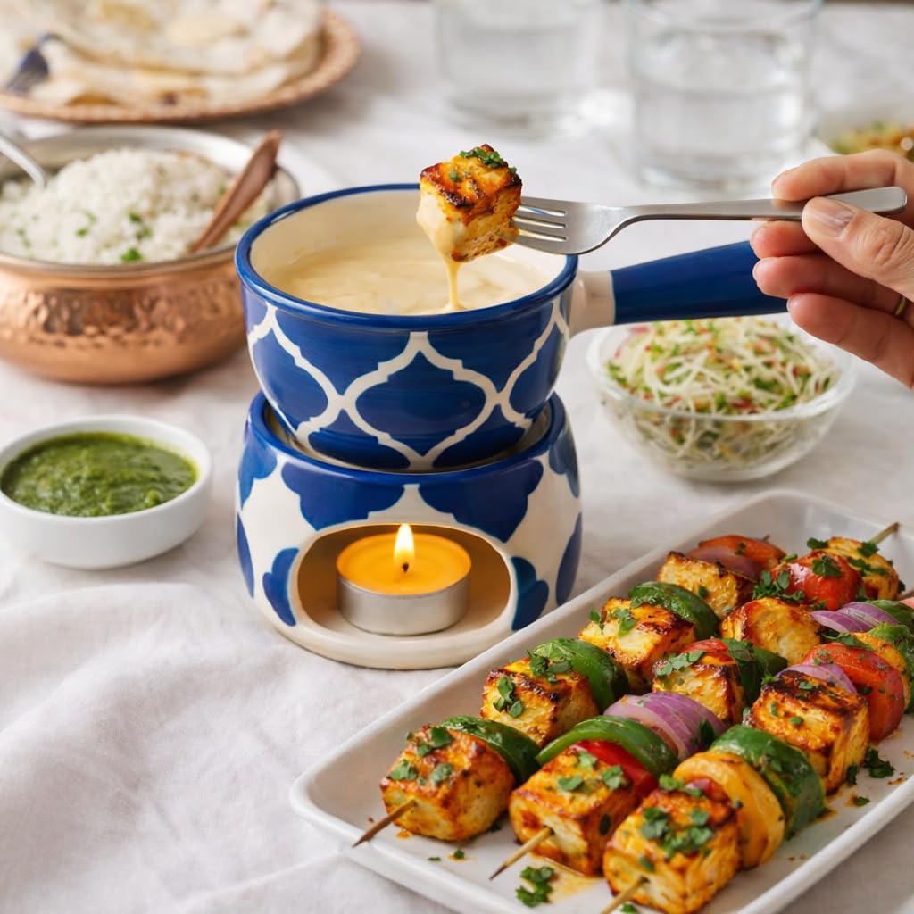 KunhaR Ceramic Fondue Set with 2 Tea Light Candle, 450 ML Capacity, (Blue) - Image 2