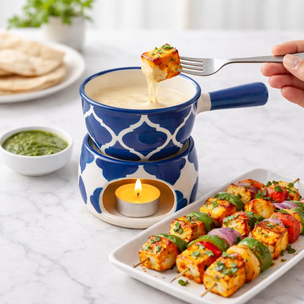 KunhaR Ceramic Fondue Set with 2 Tea Light Candle, 450 ML Capacity, (Blue) - Image 4