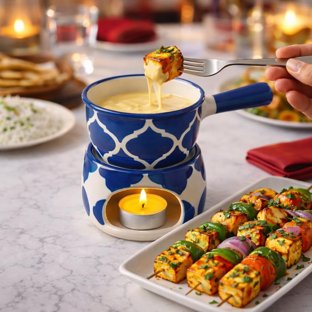 KunhaR Ceramic Fondue Set with 2 Tea Light Candle, 450 ML Capacity, (Blue) - Image 5
