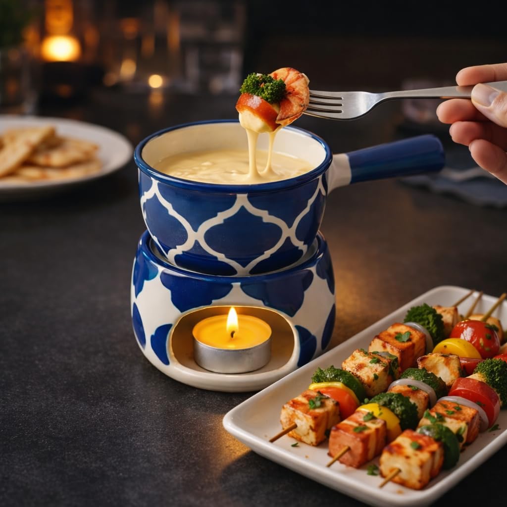KunhaR Ceramic Fondue Set with 2 Tea Light Candle, 450 ML Capacity, (Blue) - Image 6