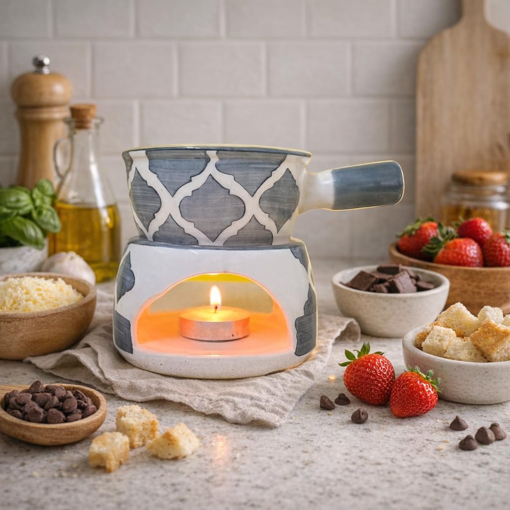 KunhaR Ceramic Fondue Set with 2 Tea Light Candle, 450 ML Capacity, (Grey) - Image 3