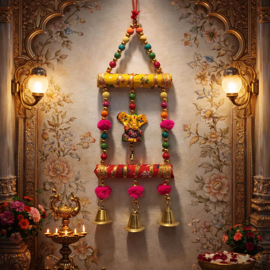 Kunhar Handcrafted Lord Ganesha Wall Hanging, Multicolour with Wooden Beads, Traditional Indian Design, Pack of 2 - Image 3