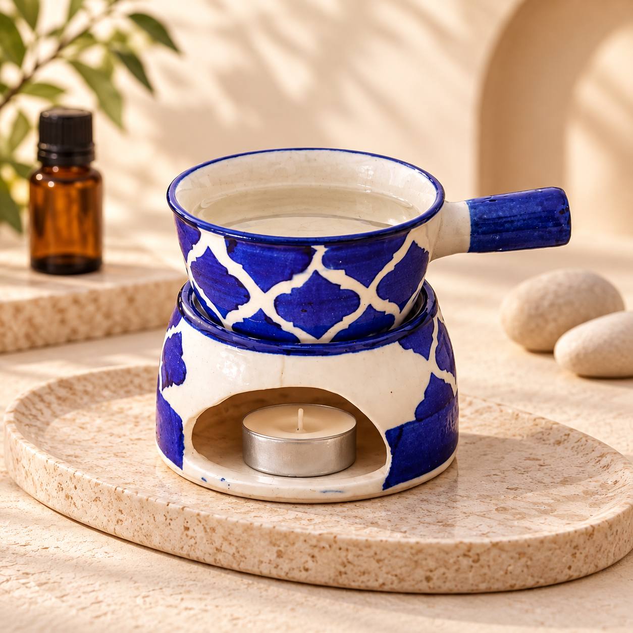 KunhaR Ceramic Aroma Diffuser and Oil Burner, Multi-Purpose Fondue for Essential Oils, Camphor and Wax Melts, Home Office Meditation Use (Blue)