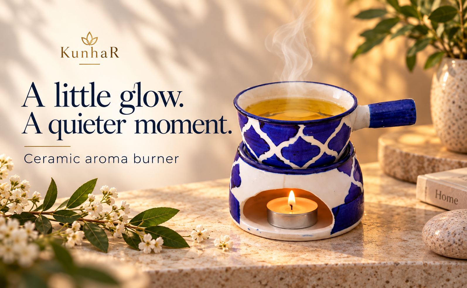 KunhaR Ceramic Aroma Diffuser and Oil Burner, Multi-Purpose Fondue for Essential Oils, Camphor and Wax Melts, Home Office Meditation Use (Blue) — hero