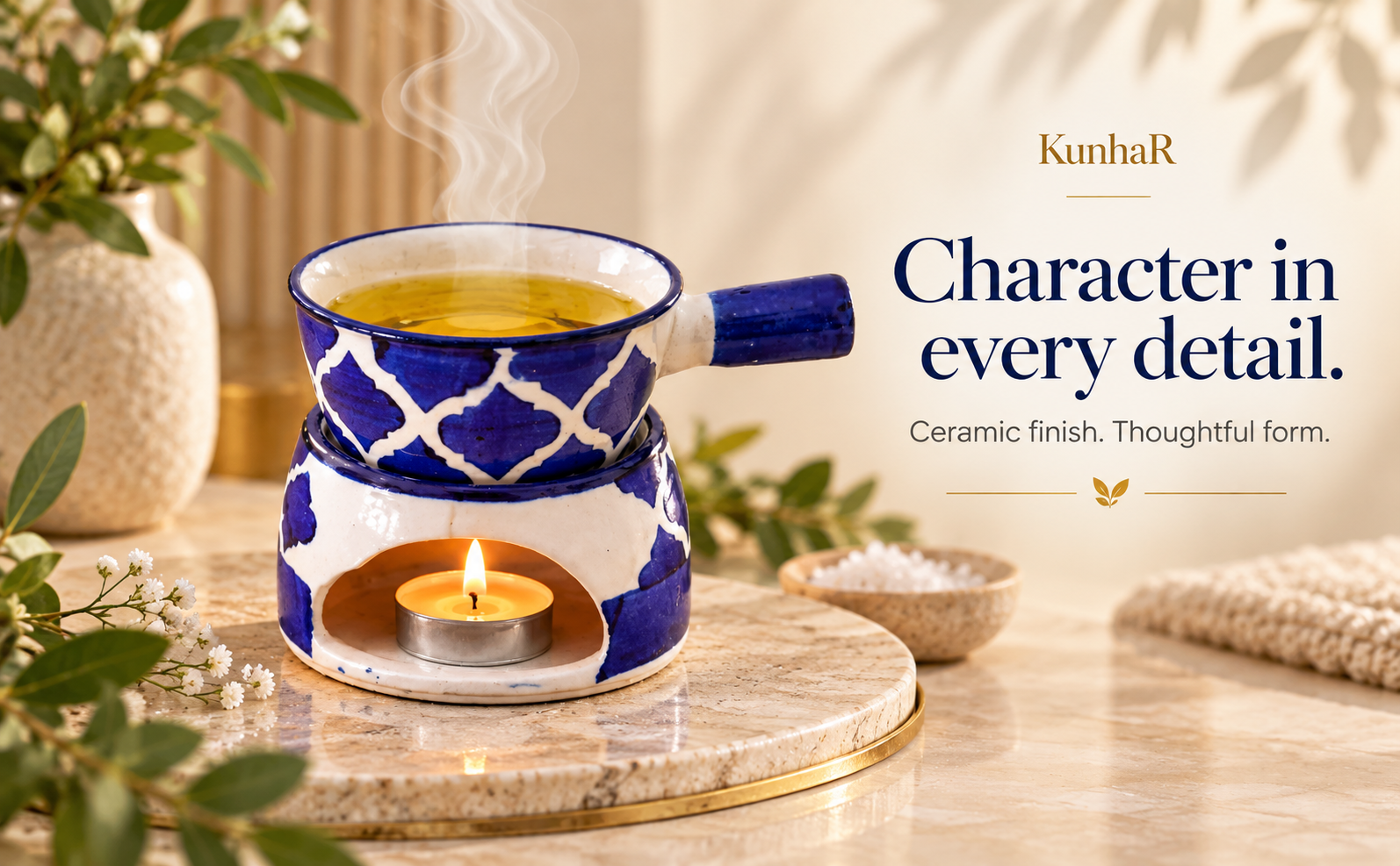 KunhaR Ceramic Aroma Diffuser and Oil Burner, Multi-Purpose Fondue for Essential Oils, Camphor and Wax Melts, Home Office Meditation Use (Blue) — finish