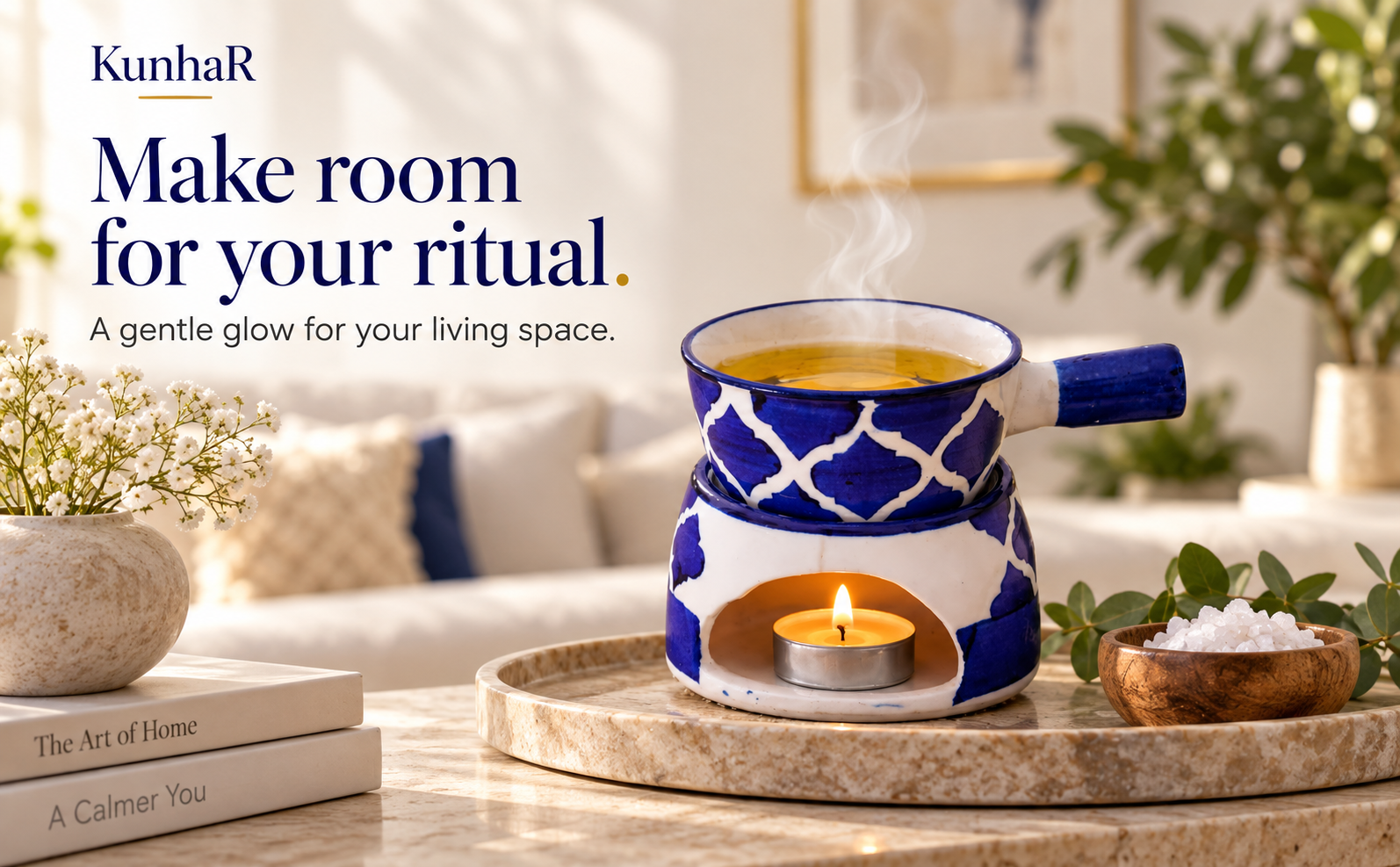 KunhaR Ceramic Aroma Diffuser and Oil Burner, Multi-Purpose Fondue for Essential Oils, Camphor and Wax Melts, Home Office Meditation Use (Blue) — ritual