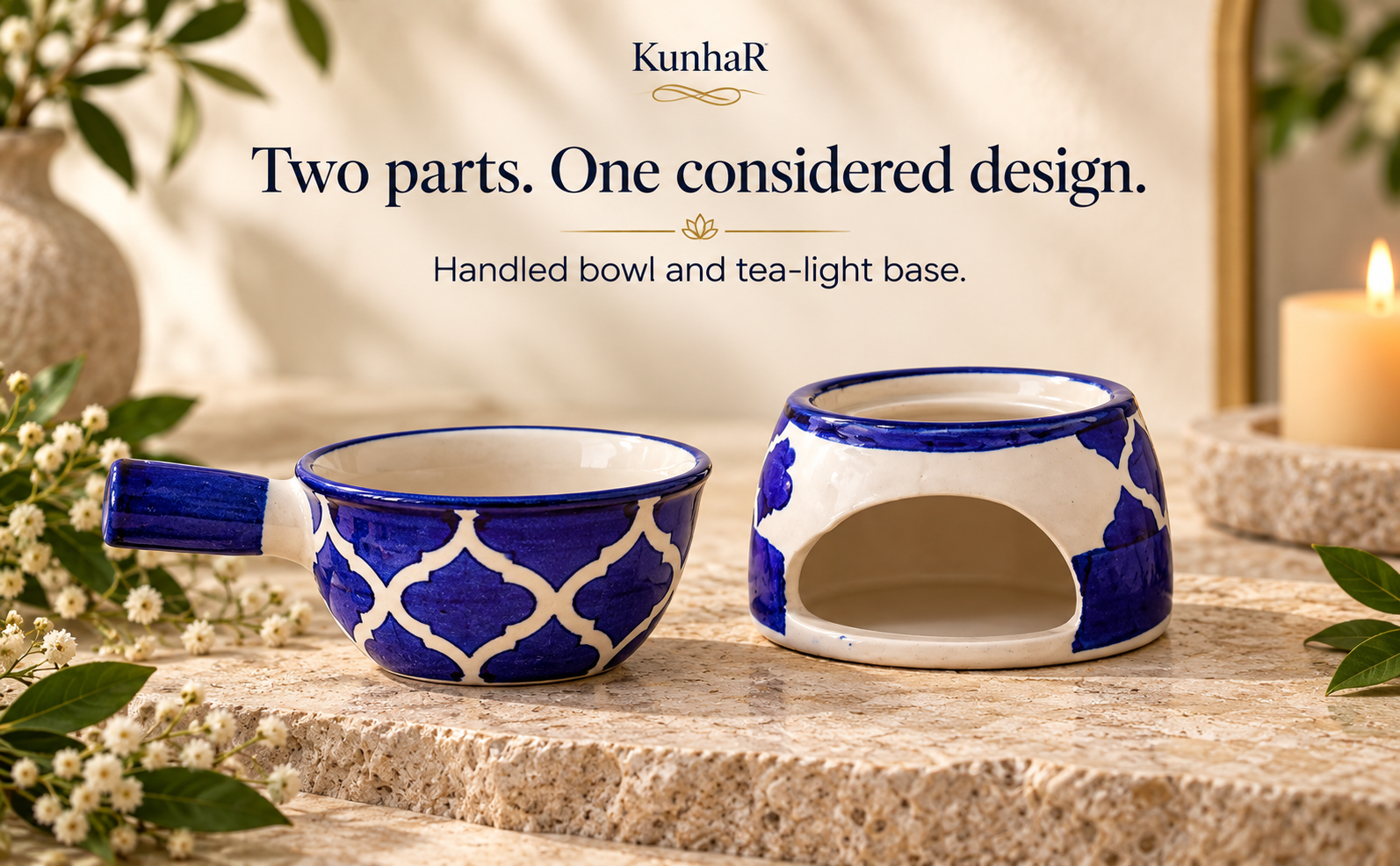 KunhaR Ceramic Aroma Diffuser and Oil Burner, Multi-Purpose Fondue for Essential Oils, Camphor and Wax Melts, Home Office Meditation Use (Blue) — form