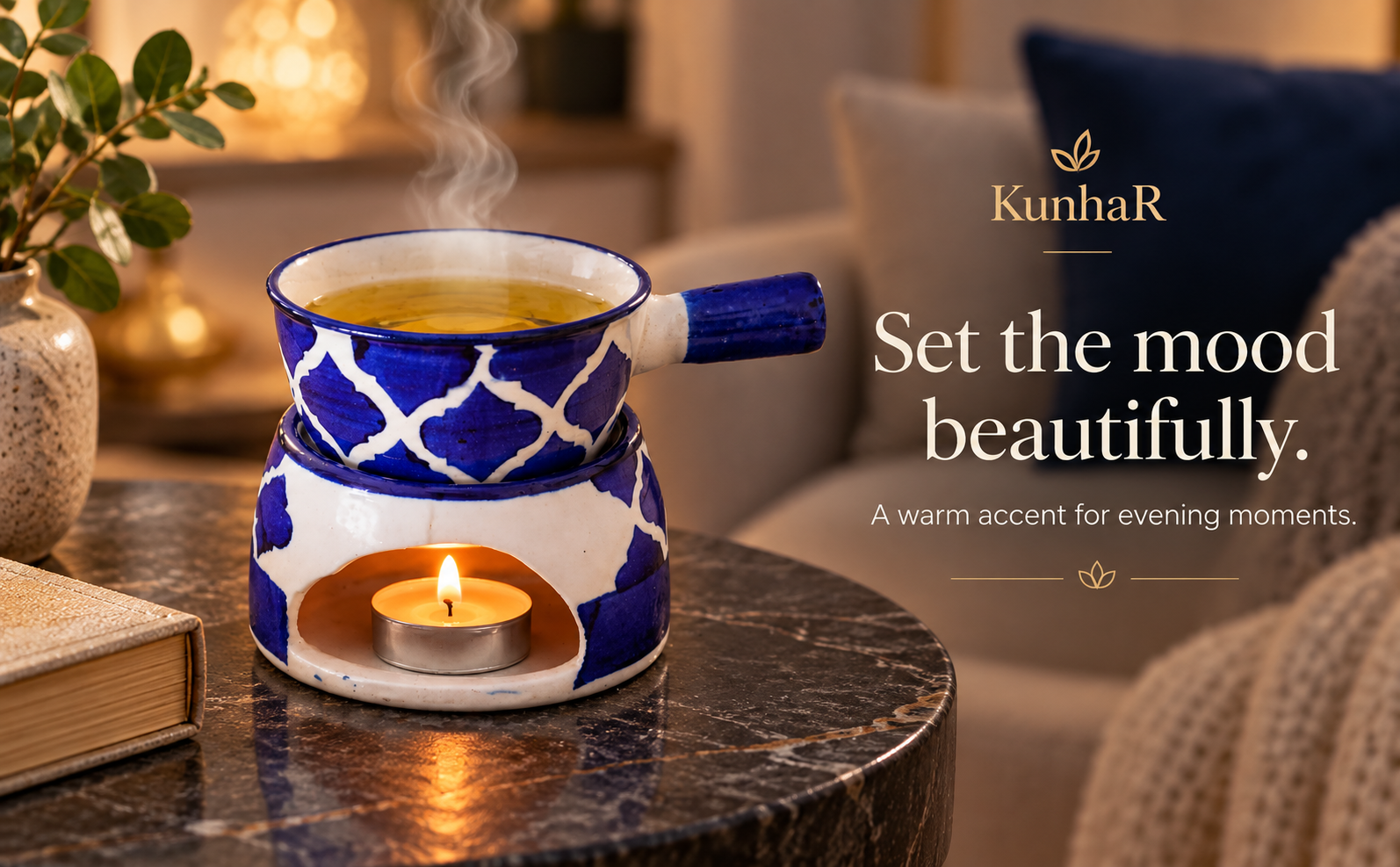 KunhaR Ceramic Aroma Diffuser and Oil Burner, Multi-Purpose Fondue for Essential Oils, Camphor and Wax Melts, Home Office Meditation Use (Blue) — evening