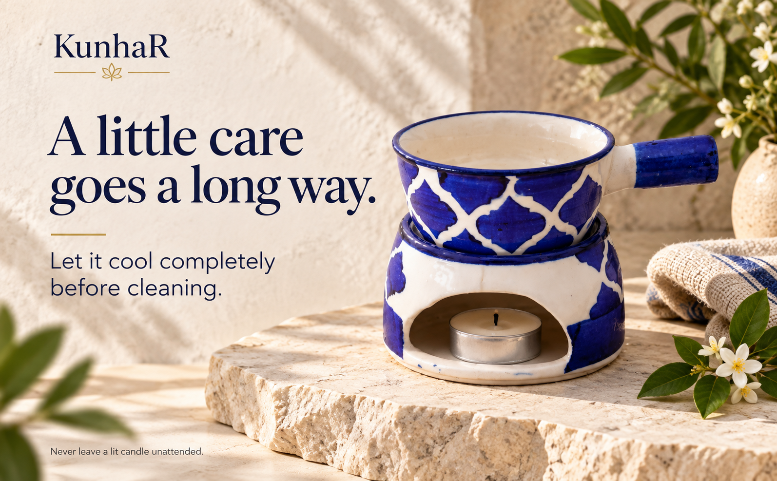 KunhaR Ceramic Aroma Diffuser and Oil Burner, Multi-Purpose Fondue for Essential Oils, Camphor and Wax Melts, Home Office Meditation Use (Blue) — care