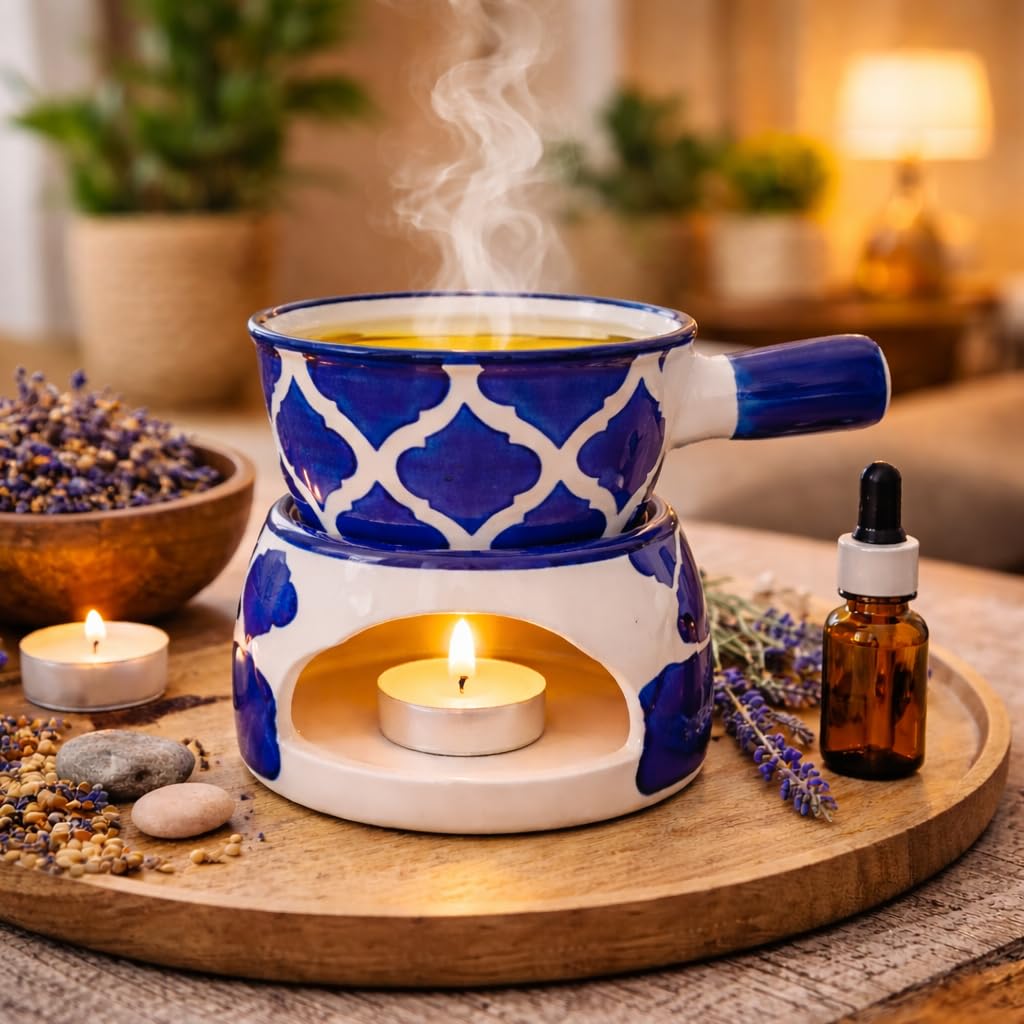 KunhaR Ceramic Aroma Diffuser and Oil Burner, Multi-Purpose Fondue for Essential Oils, Camphor and Wax Melts, Home Office Meditation Use (Blue) - Image 2