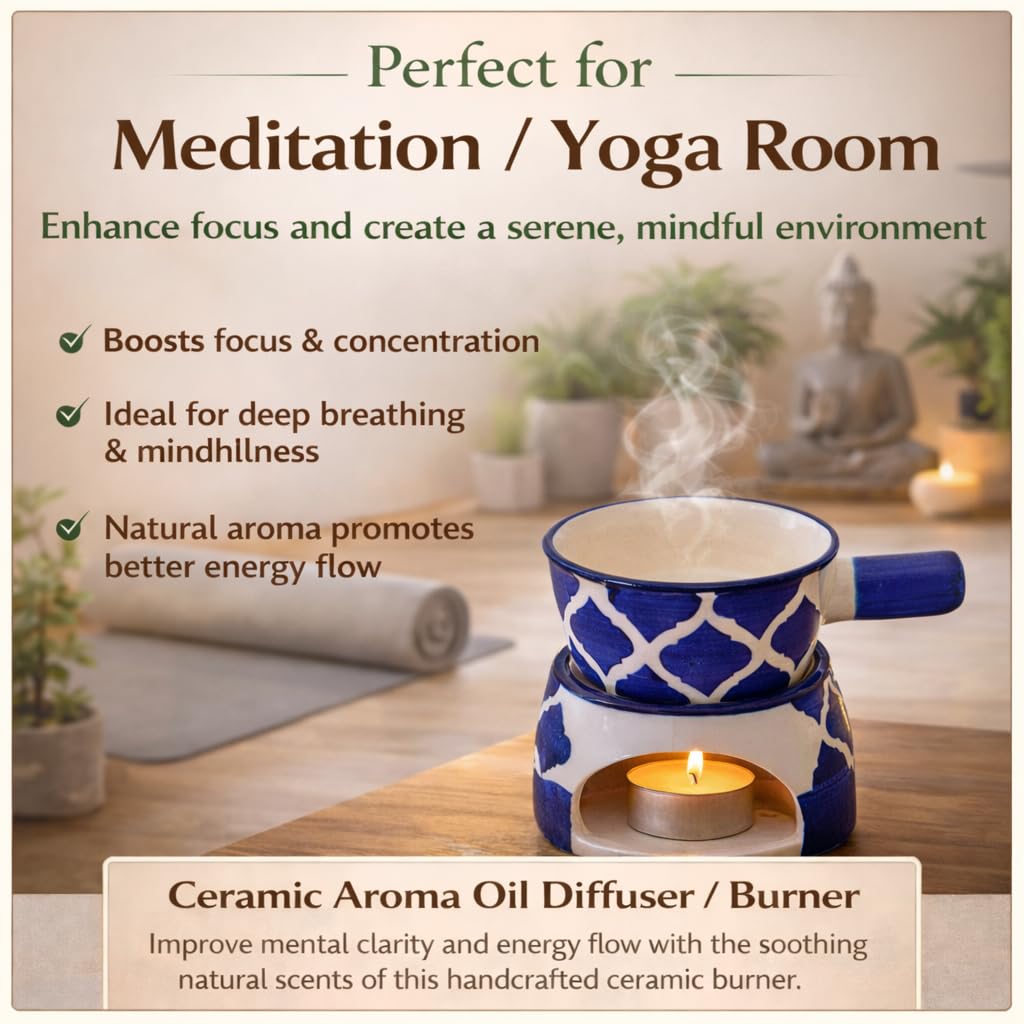 KunhaR Ceramic Aroma Diffuser and Oil Burner, Multi-Purpose Fondue for Essential Oils, Camphor and Wax Melts, Home Office Meditation Use (Blue) - Image 4