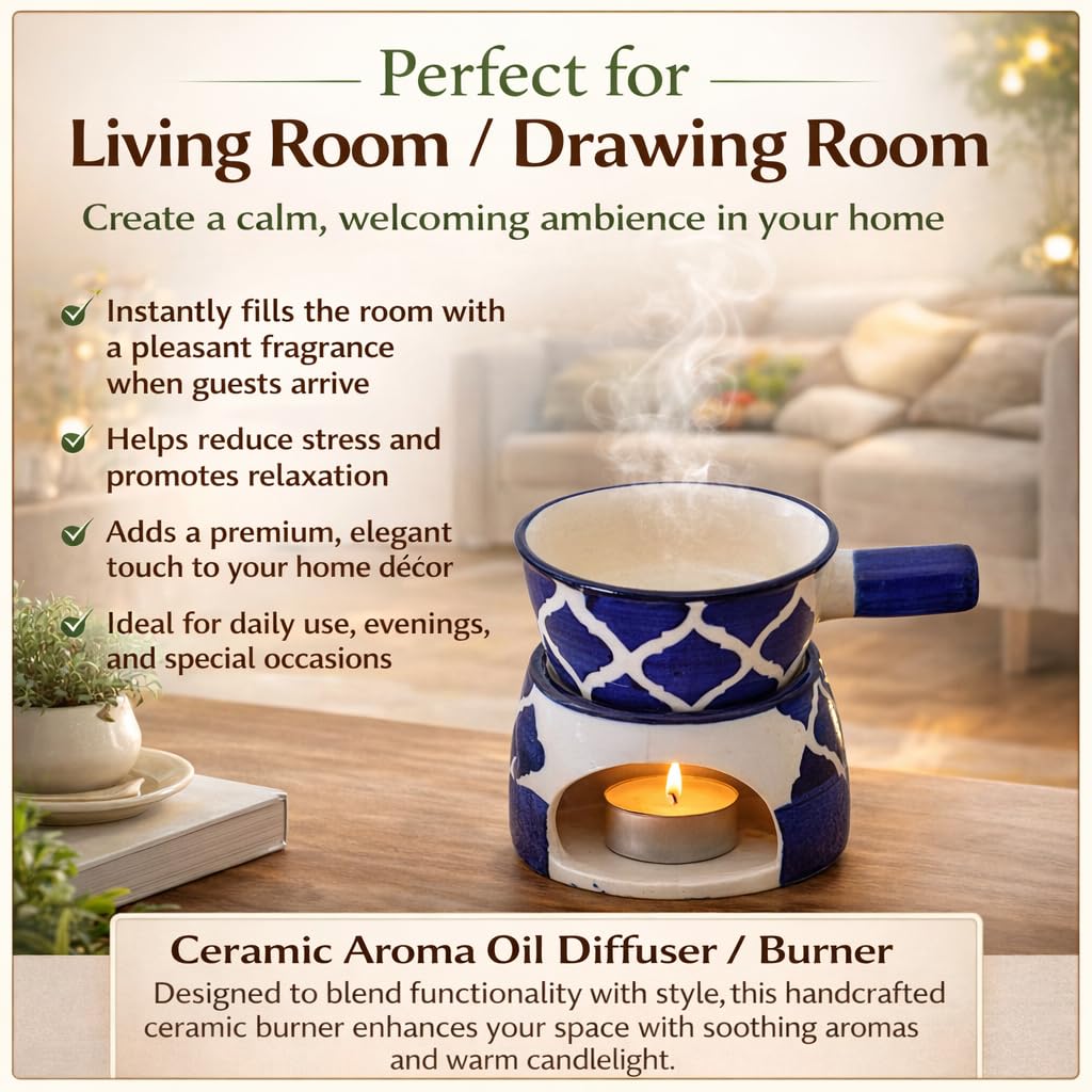 KunhaR Ceramic Aroma Diffuser and Oil Burner, Multi-Purpose Fondue for Essential Oils, Camphor and Wax Melts, Home Office Meditation Use (Blue) - Image 6