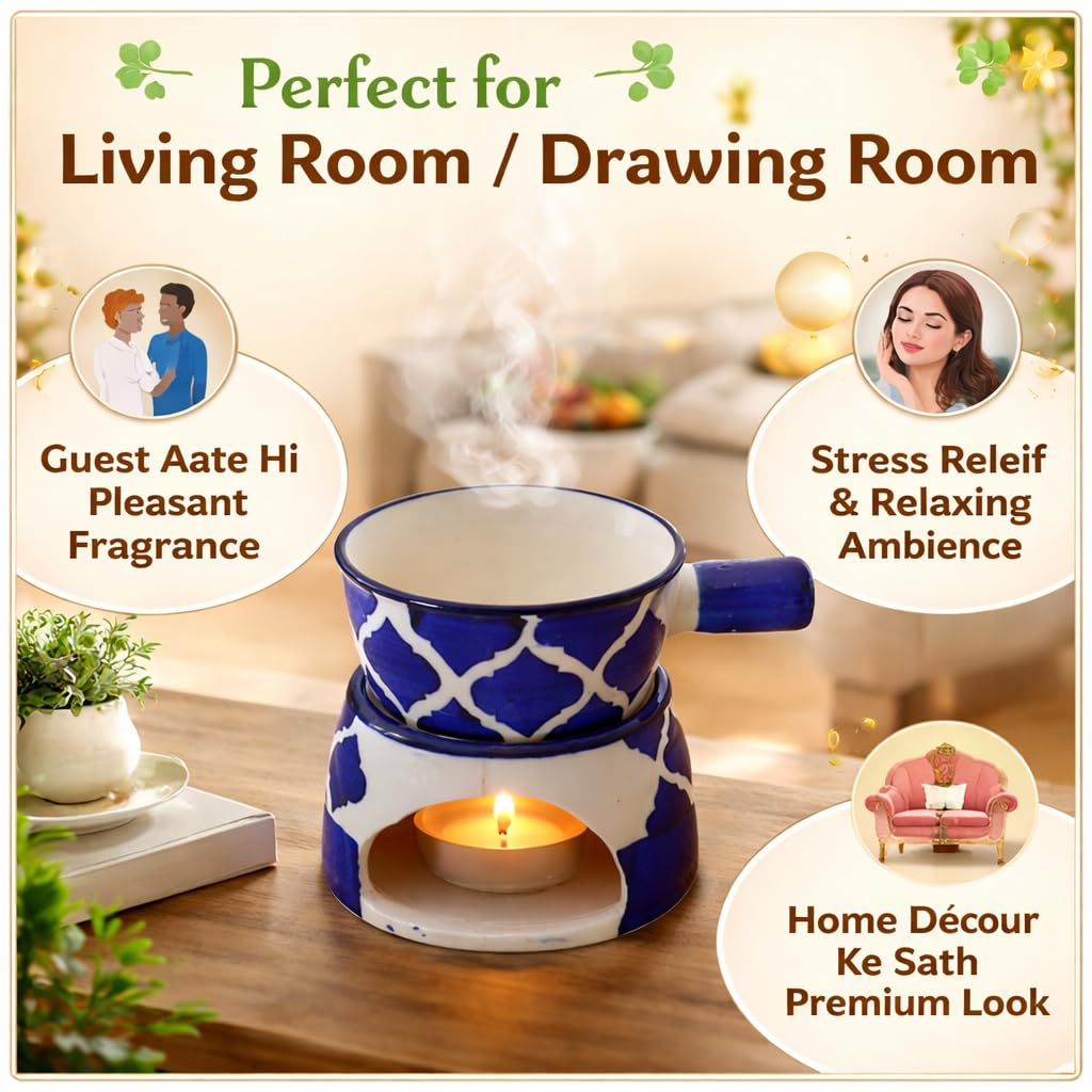 KunhaR Ceramic Aroma Diffuser and Oil Burner, Multi-Purpose Fondue for Essential Oils, Camphor and Wax Melts, Home Office Meditation Use (Blue) - Image 7