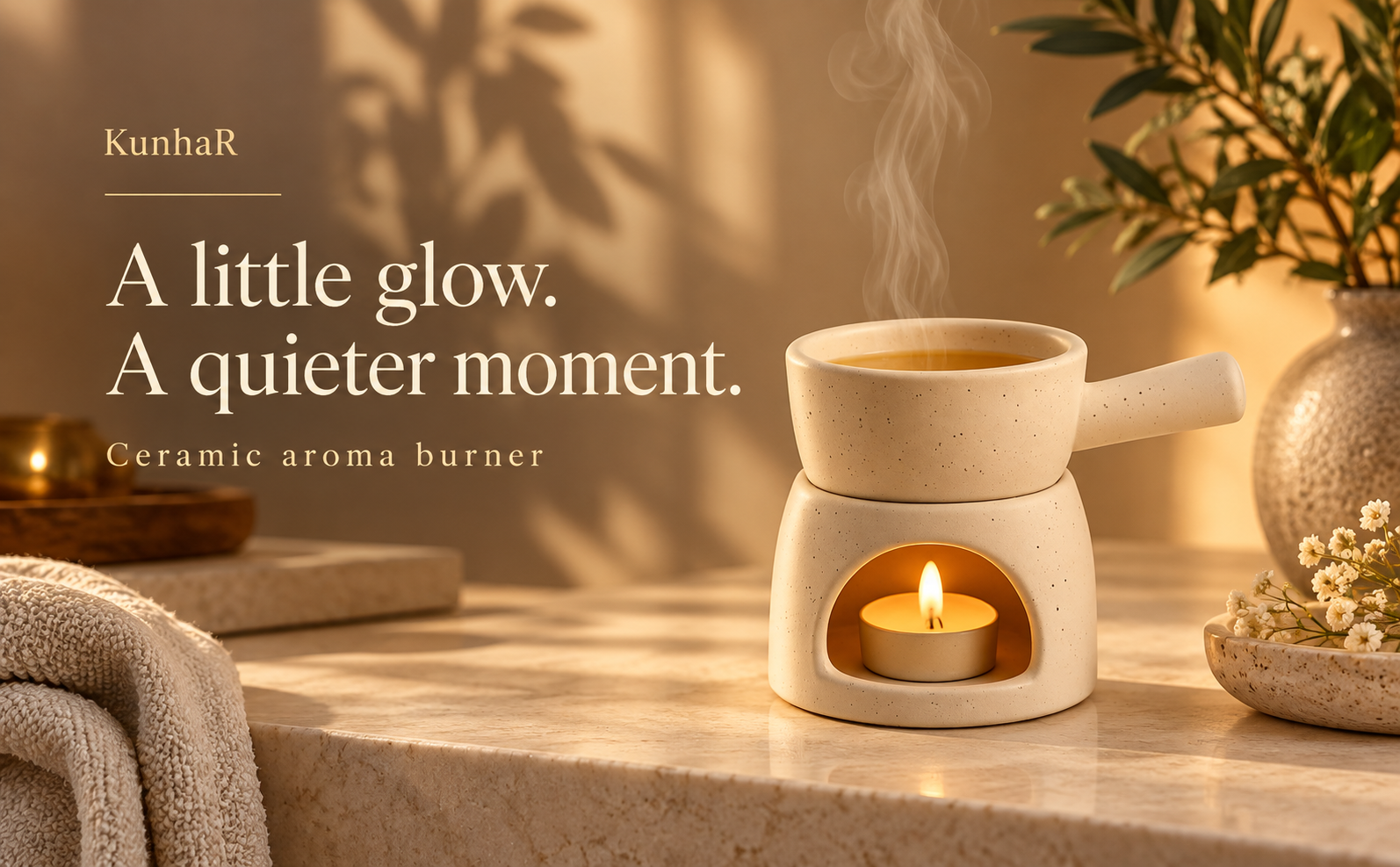 KunhaR Ceramic Aroma Diffuser and Oil Burner, Multi-Purpose Fondue for Essential Oils, Camphor and Wax Melts, Home Office Meditation Use (White) — hero