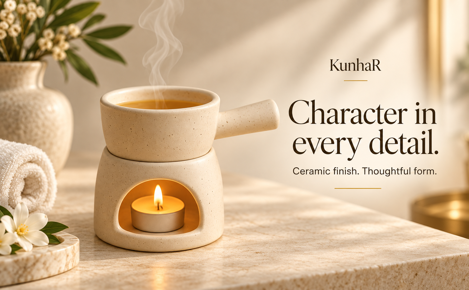 KunhaR Ceramic Aroma Diffuser and Oil Burner, Multi-Purpose Fondue for Essential Oils, Camphor and Wax Melts, Home Office Meditation Use (White) — finish