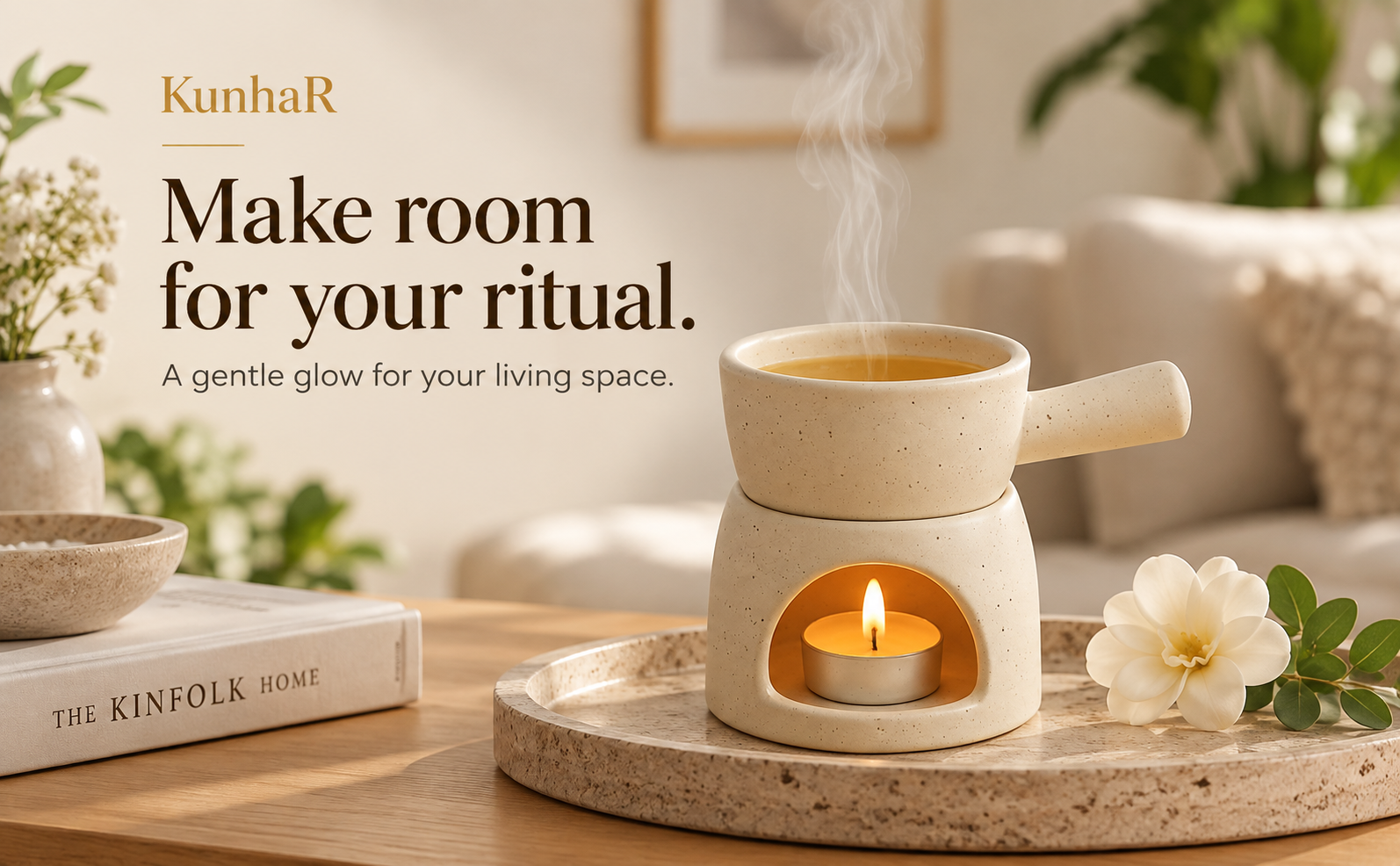 KunhaR Ceramic Aroma Diffuser and Oil Burner, Multi-Purpose Fondue for Essential Oils, Camphor and Wax Melts, Home Office Meditation Use (White) — ritual