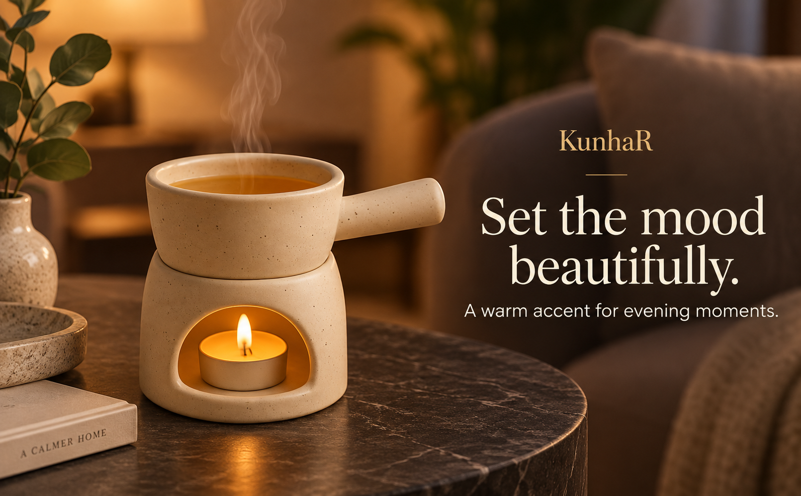 KunhaR Ceramic Aroma Diffuser and Oil Burner, Multi-Purpose Fondue for Essential Oils, Camphor and Wax Melts, Home Office Meditation Use (White) — evening