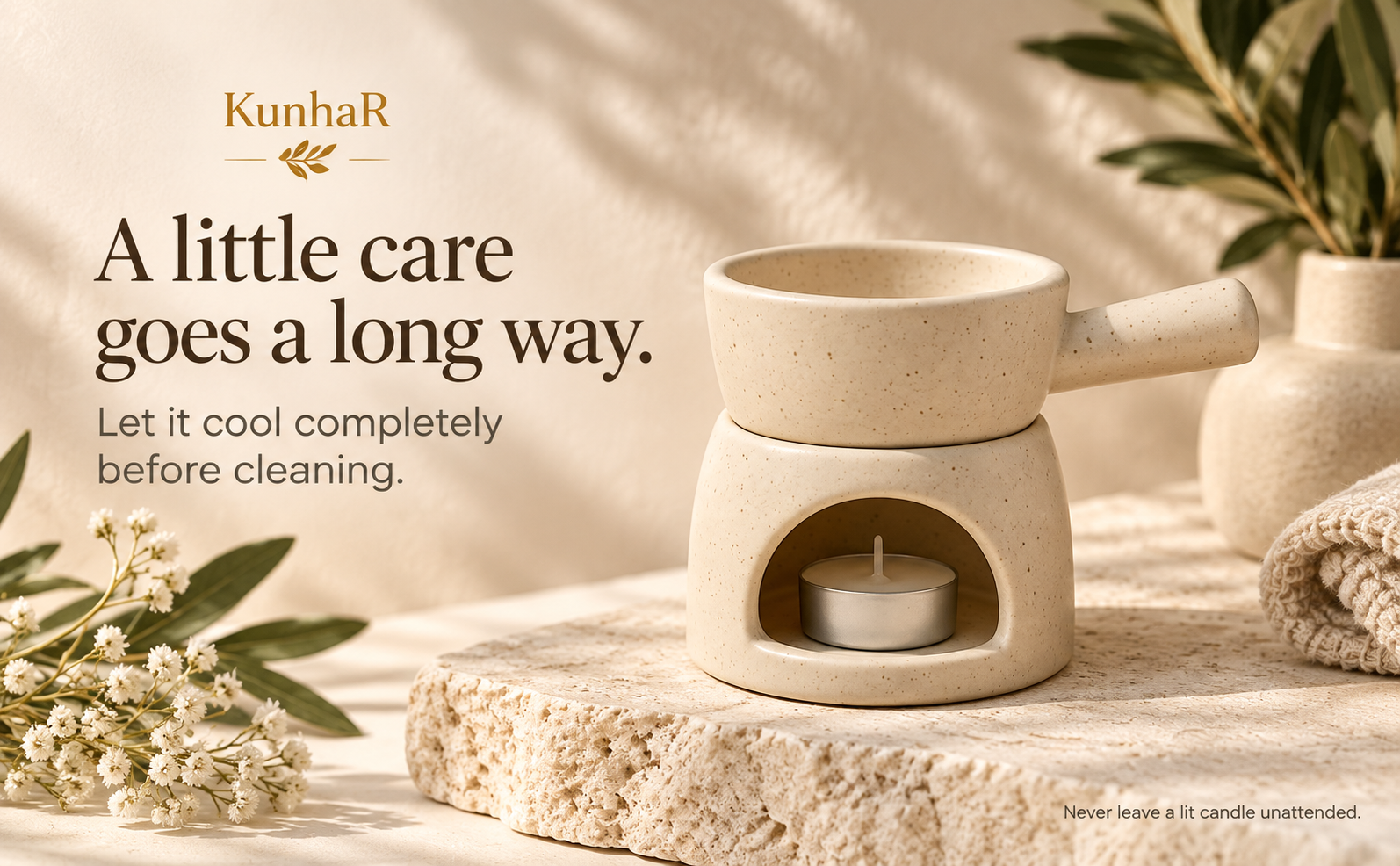 KunhaR Ceramic Aroma Diffuser and Oil Burner, Multi-Purpose Fondue for Essential Oils, Camphor and Wax Melts, Home Office Meditation Use (White) — care