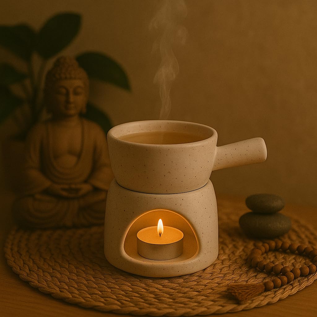 KunhaR Ceramic Aroma Diffuser and Oil Burner, Multi-Purpose Fondue for Essential Oils, Camphor and Wax Melts, Home Office Meditation Use (White) - Image 5