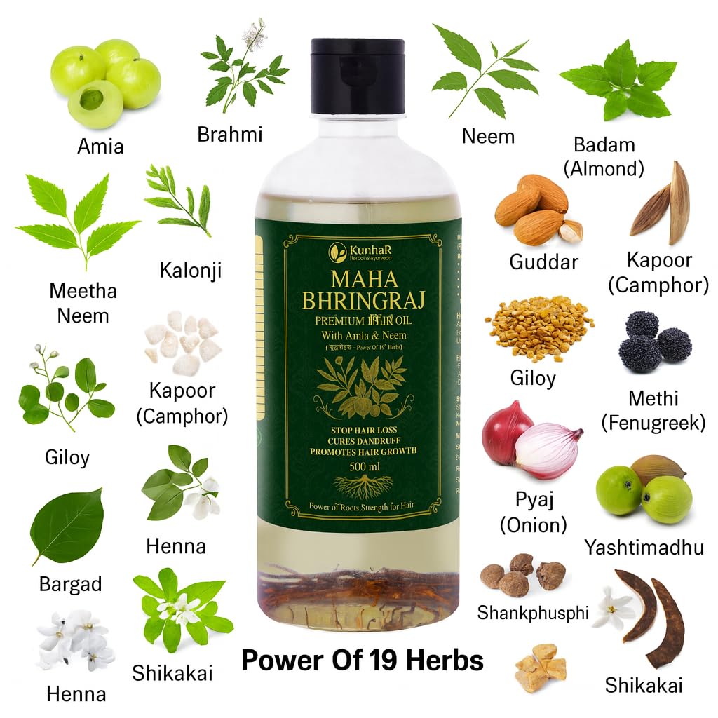KunhaR Maha Bhringraj Premium Hair Oil with Amla & Neem - 500 ml (Pack of 2) - Reduces Hair Fall, Cures Dandruff – Ayurvedic Herbal Formula – Power of Roots - Image 2