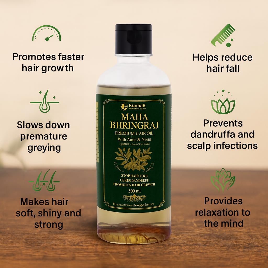 KunhaR Maha Bhringraj Premium Hair Oil with Amla & Neem - 500 ml (Pack of 2) - Reduces Hair Fall, Cures Dandruff – Ayurvedic Herbal Formula – Power of Roots - Image 3