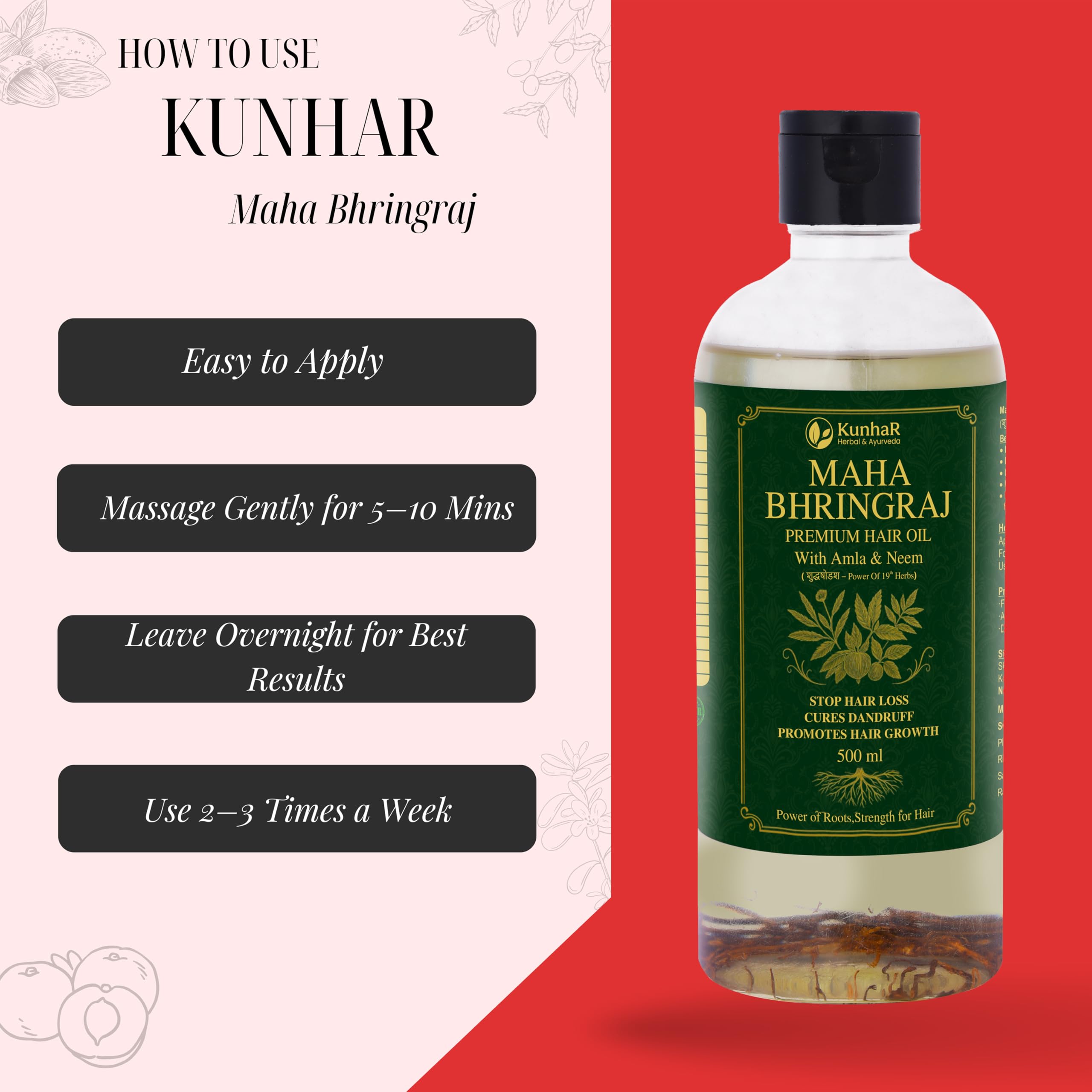 KunhaR Maha Bhringraj Premium Hair Oil with Amla & Neem - 500 ml (Pack of 2) - Reduces Hair Fall, Cures Dandruff – Ayurvedic Herbal Formula – Power of Roots - Image 5