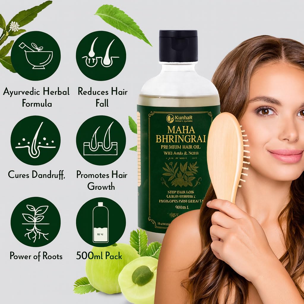 KunhaR Maha Bhringraj Premium Hair Oil with Amla & Neem - 500 ml (Pack of 2) - Reduces Hair Fall, Cures Dandruff – Ayurvedic Herbal Formula – Power of Roots - Image 9