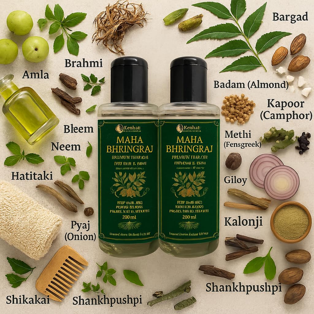 KunhaR Maha Bhringraj Premium Hair Oil with Amla & Neem - 200 ml (Pack of 2) - Reduces Hair Fall, Cures Dandruff – Ayurvedic Herbal Formula – Power of Roots - Image 2