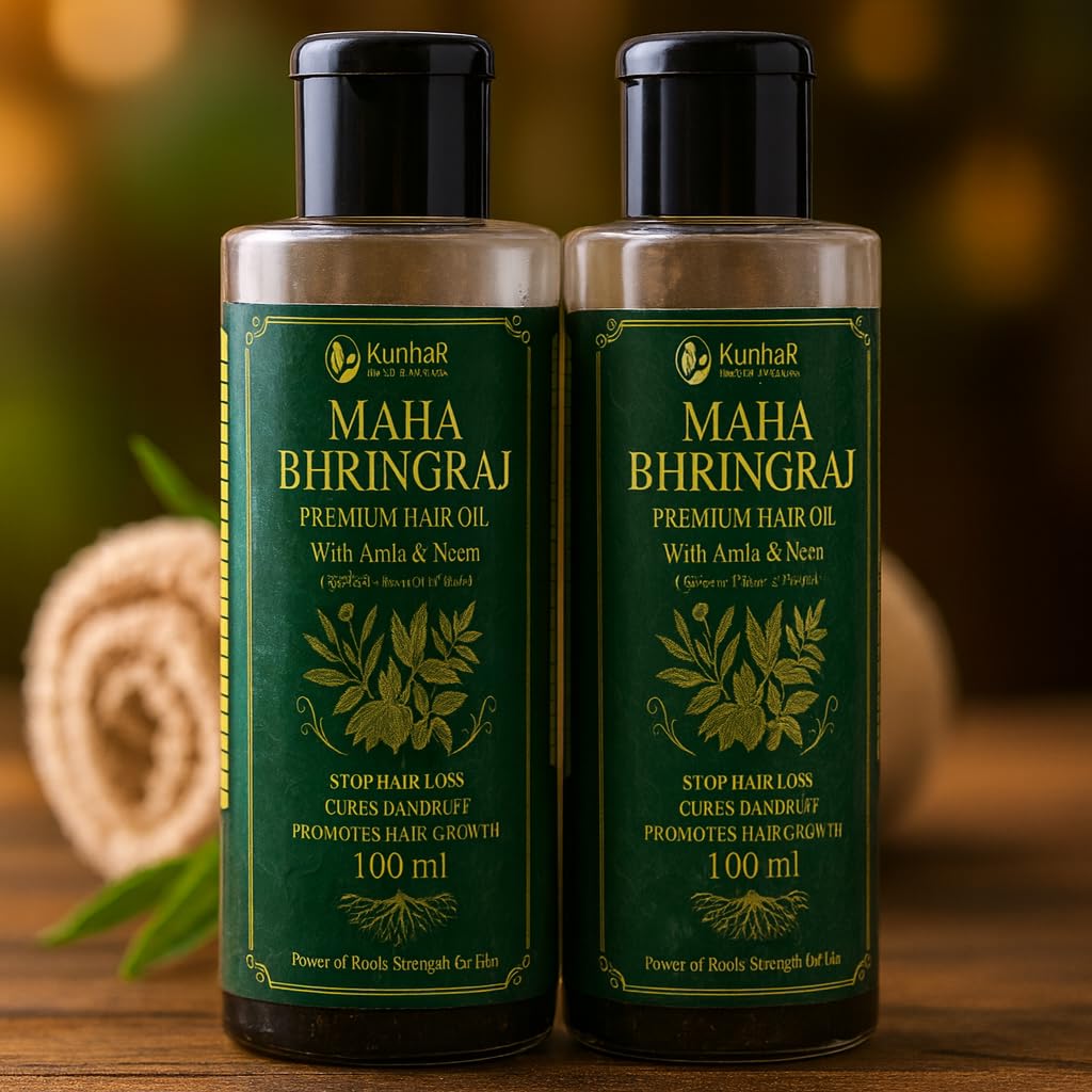 KunhaR Maha Bhringraj Premium Hair Oil with Amla & Neem - 100 ml (Pack of 2) - Reduces Hair Fall, Cures Dandruff – Ayurvedic Herbal Formula – Power of Roots