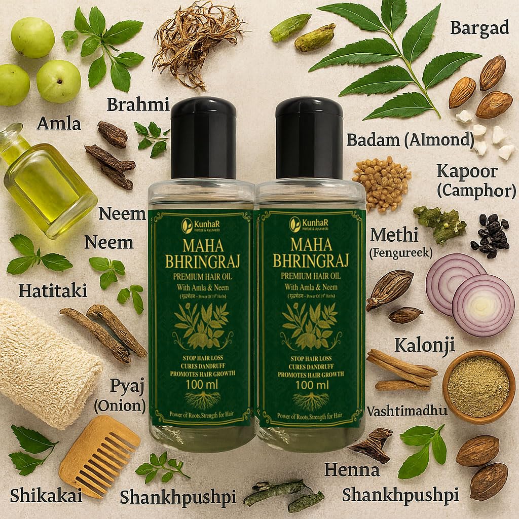 KunhaR Maha Bhringraj Premium Hair Oil with Amla & Neem - 100 ml (Pack of 2) - Reduces Hair Fall, Cures Dandruff – Ayurvedic Herbal Formula – Power of Roots - Image 2