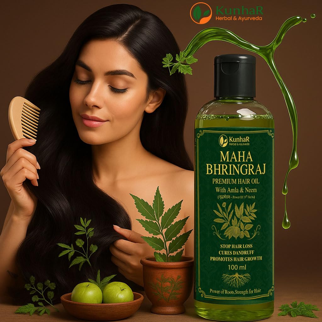 KunhaR Maha Bhringraj Premium Hair Oil with Amla & Neem - 100 ml (Pack of 2) - Reduces Hair Fall, Cures Dandruff – Ayurvedic Herbal Formula – Power of Roots - Image 7