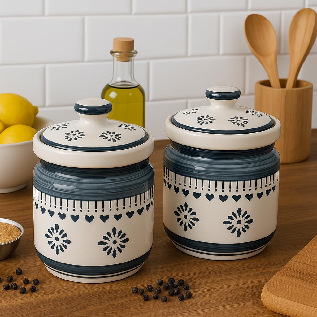Kunhar Ceramic Barni Grey Desert Sand Floral Pattern 1000ml Set of 2 with Lid | Handcrafted Pickle Jar | Storage Jar for Spices, Chutney, Achar, Salt, Sugar - Image 2