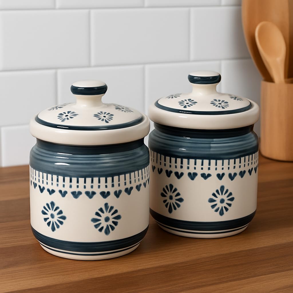 Kunhar Ceramic Barni Grey Desert Sand Floral Pattern 1000ml Set of 2 with Lid | Handcrafted Pickle Jar | Storage Jar for Spices, Chutney, Achar, Salt, Sugar - Image 3