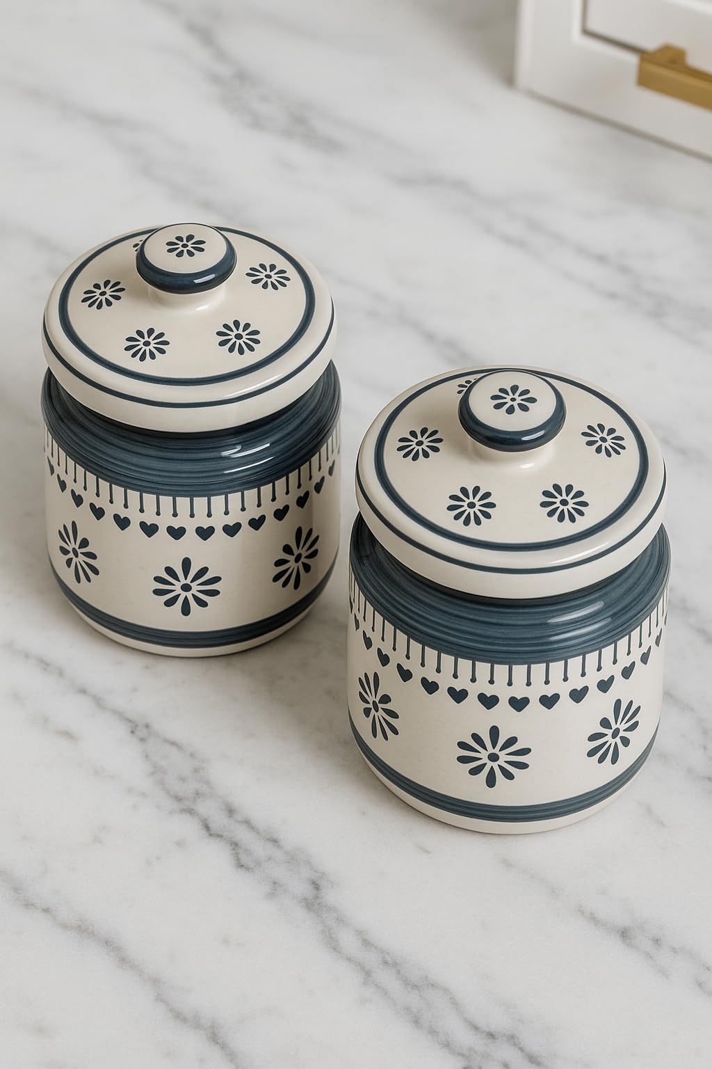 Kunhar Ceramic Barni Grey Desert Sand Floral Pattern 1000ml Set of 2 with Lid | Handcrafted Pickle Jar | Storage Jar for Spices, Chutney, Achar, Salt, Sugar - Image 5