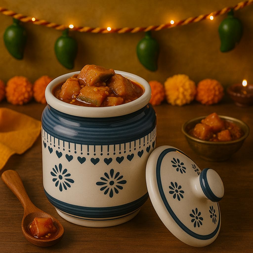 Kunhar Ceramic Barni Grey Desert Sand Floral Pattern 1000ml Set of 2 with Lid | Handcrafted Pickle Jar | Storage Jar for Spices, Chutney, Achar, Salt, Sugar - Image 6