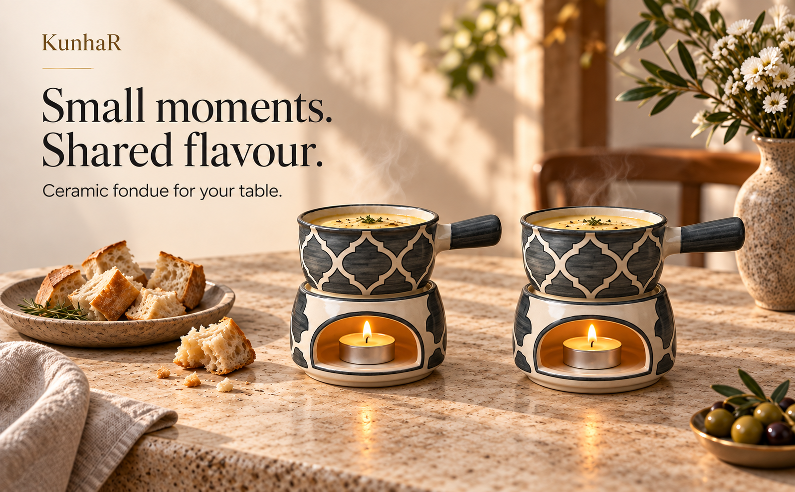 KunhaR Ceramic Fondue Set with Tea Light, 2 Pieces (Grey) — hero