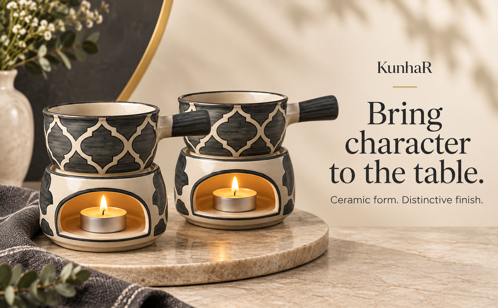KunhaR Ceramic Fondue Set with Tea Light, 2 Pieces (Grey) — finish