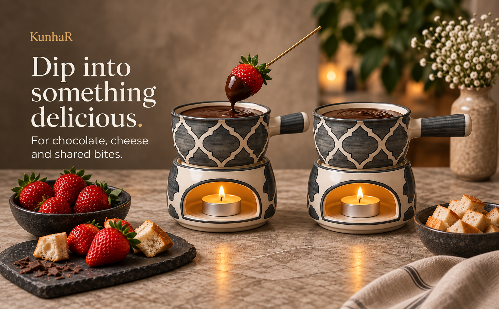 KunhaR Ceramic Fondue Set with Tea Light, 2 Pieces (Grey) — serve