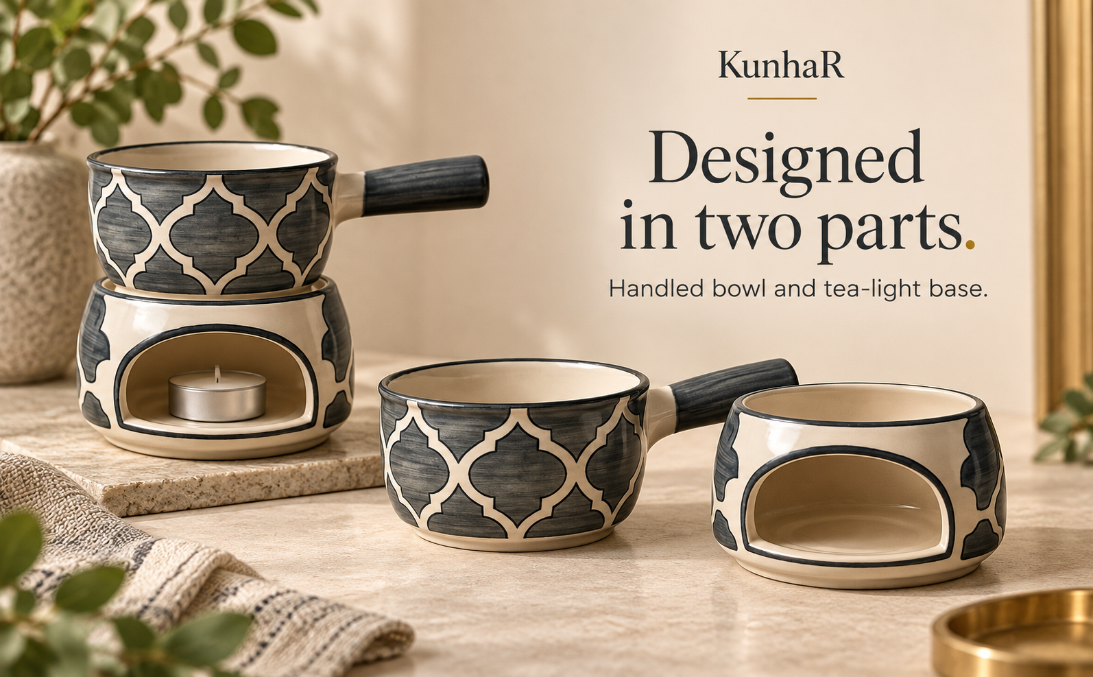 KunhaR Ceramic Fondue Set with Tea Light, 2 Pieces (Grey) — form
