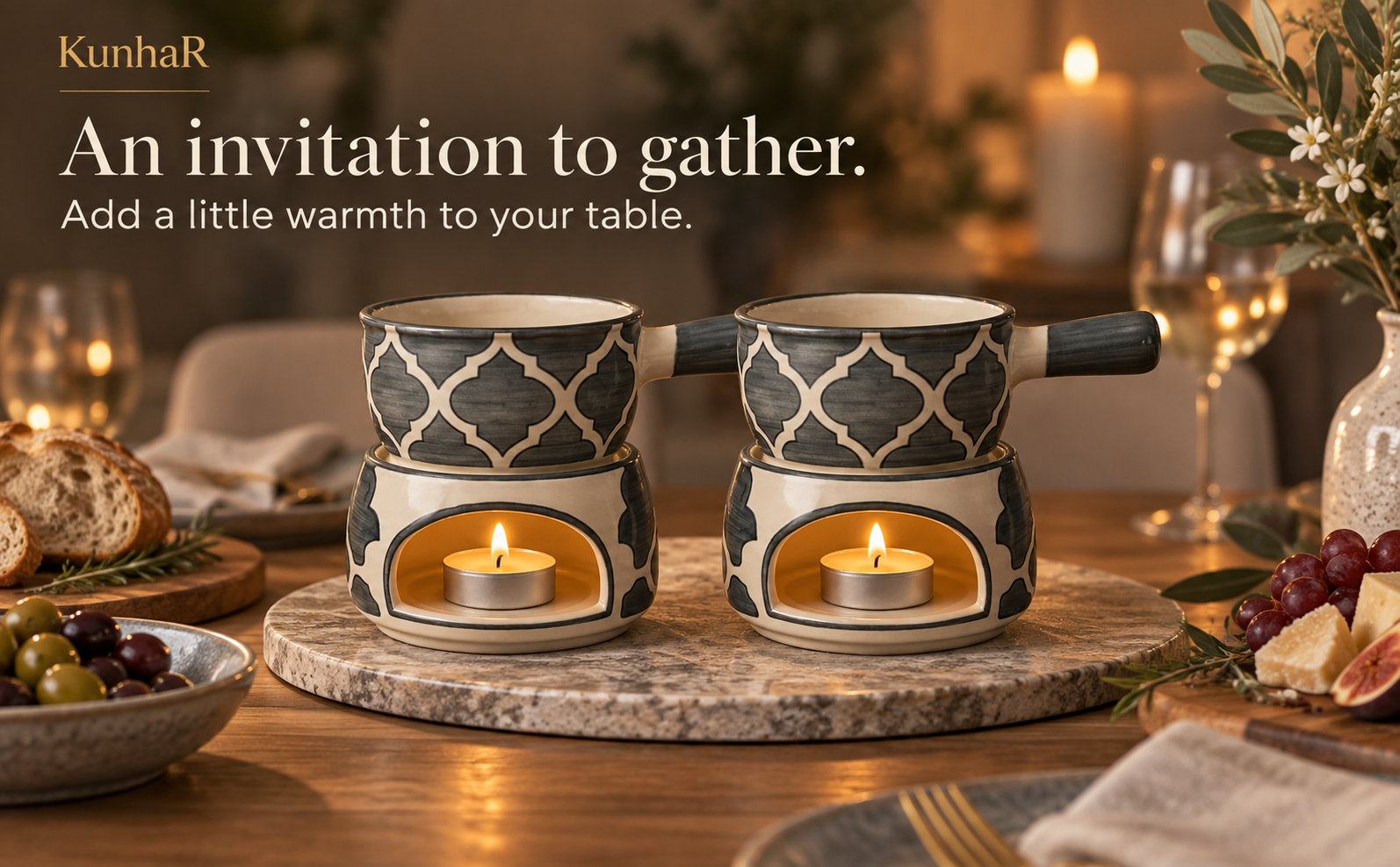KunhaR Ceramic Fondue Set with Tea Light, 2 Pieces (Grey) — gather