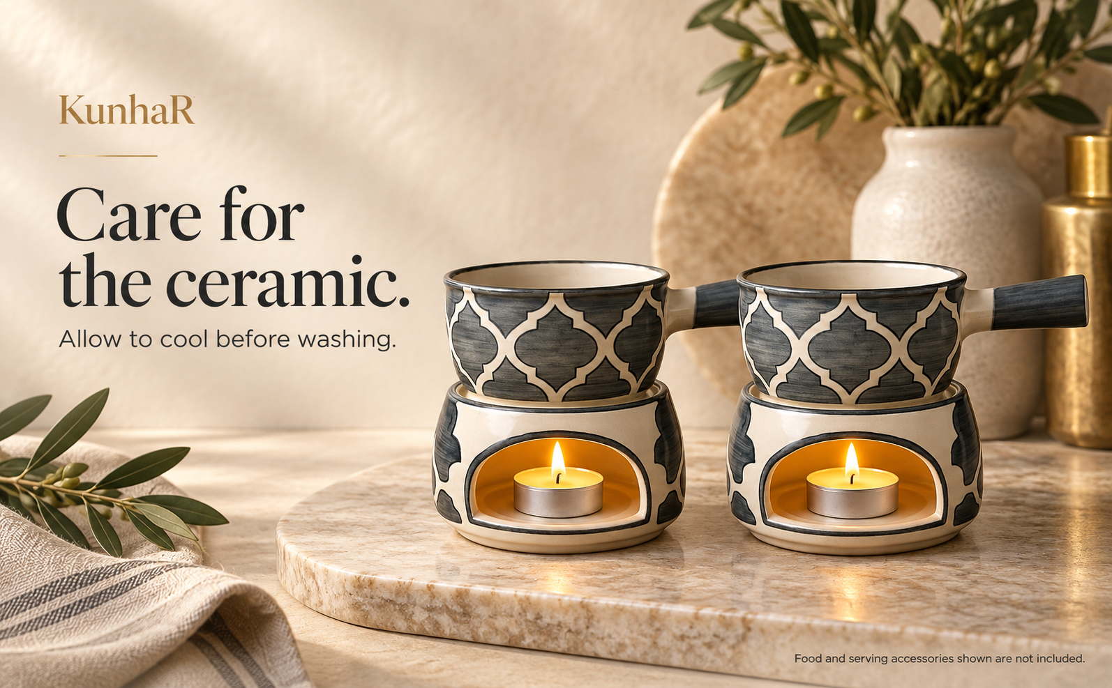 KunhaR Ceramic Fondue Set with Tea Light, 2 Pieces (Grey) — care
