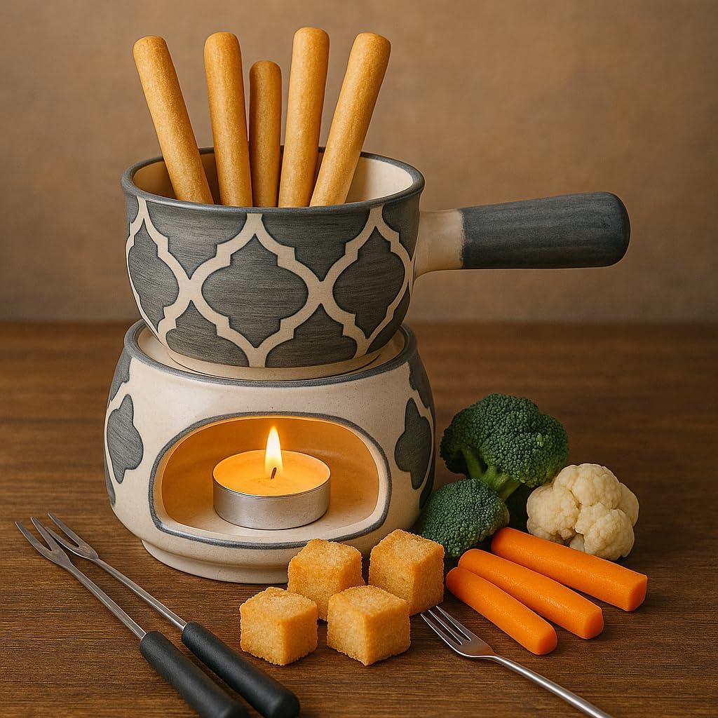 KunhaR Ceramic Fondue Set with Tea Light, 2 Pieces (Grey) - Image 3