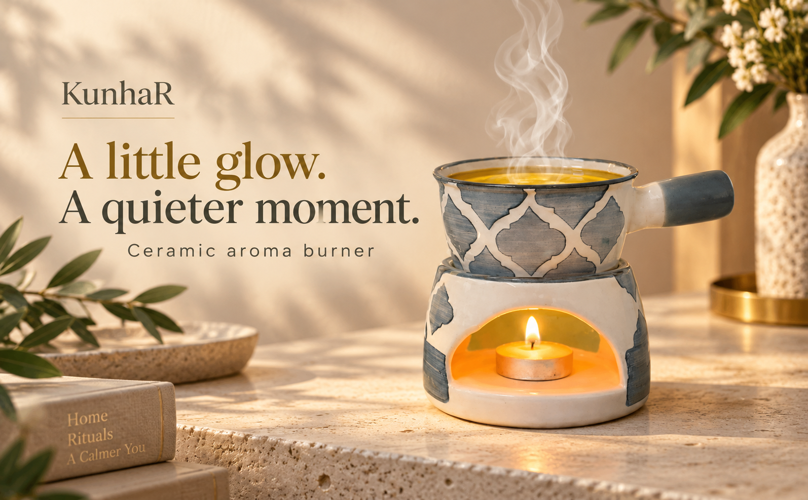 KunhaR Ceramic Aroma Diffuser and Oil Burner, Multi-Purpose Fondue for Essential Oils, Camphor and Wax Melts, Home Office Meditation Use (Grey) — hero