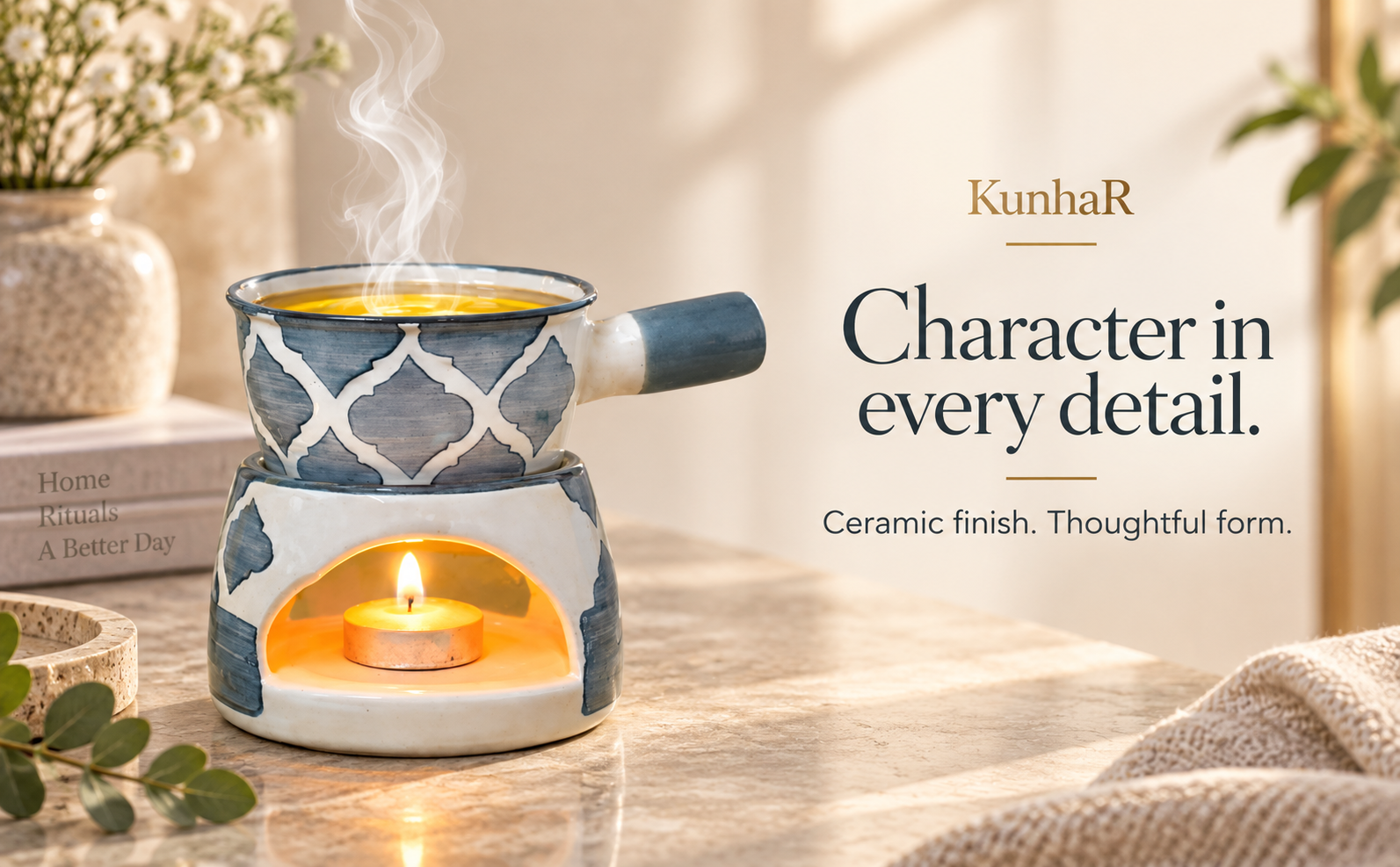 KunhaR Ceramic Aroma Diffuser and Oil Burner, Multi-Purpose Fondue for Essential Oils, Camphor and Wax Melts, Home Office Meditation Use (Grey) — finish